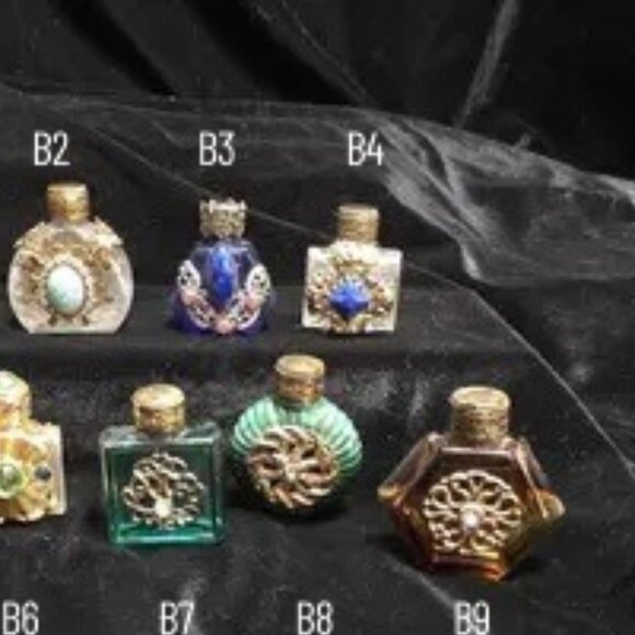 Czech Mini Perfume Glass Bottles w/Filigree Metal, Turquoise Stone Art Deco NWOT - Picture 3 of 5